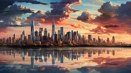 Sunset over city skyline with reflections in water, iconic tower and bridge in viewの素材
