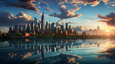Sunset over city skyline with reflections in water, iconic tower and bridge in viewの素材