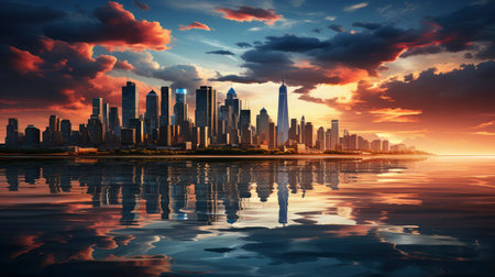Sunset over city skyline with reflections in water, iconic tower and bridge in viewの素材