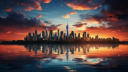 Sunset over city skyline with reflections in water, iconic tower and bridge in viewの素材