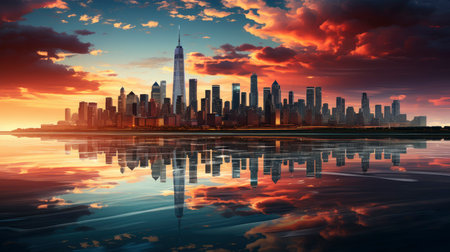Sunset over city skyline with reflections in water, iconic tower and bridge in viewの素材