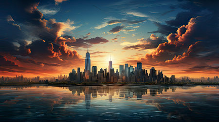 Sunset over city skyline with reflections in water, iconic tower and bridge in viewの素材