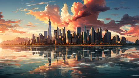 Sunset over city skyline with reflections in water, iconic tower and bridge in viewの素材