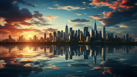 Sunset over city skyline with reflections in water, iconic tower and bridge in viewの素材