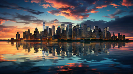 Sunset over city skyline with reflections in water, iconic tower and bridge in viewの素材