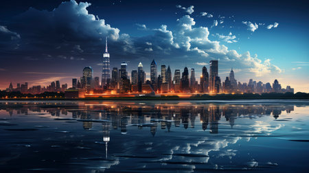 Sunset over city skyline with reflections in water, iconic tower and bridge in viewの素材