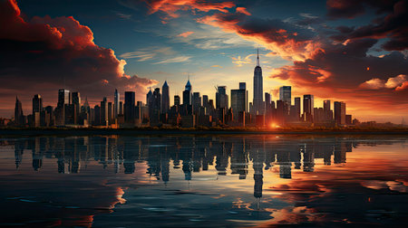 Sunset over city skyline with reflections in water, iconic tower and bridge in viewの素材