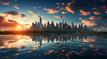 Sunset over city skyline with reflections in water, iconic tower and bridge in viewの素材