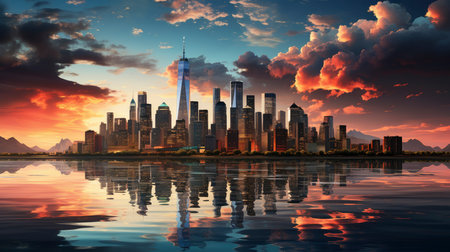 Sunset over city skyline with reflections in water, iconic tower and bridge in viewの素材