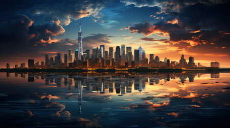 Sunset over city skyline with reflections in water, iconic tower and bridge in viewの素材