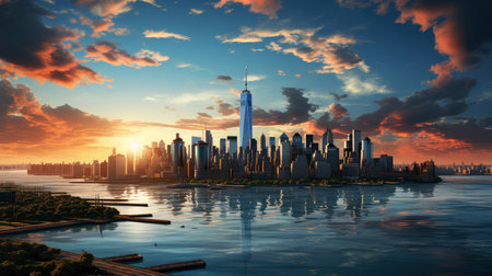 Sunset over city skyline with reflections in water, iconic tower and bridge in viewの素材