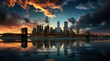 Sunset over city skyline with reflections in water, iconic tower and bridge in viewの素材