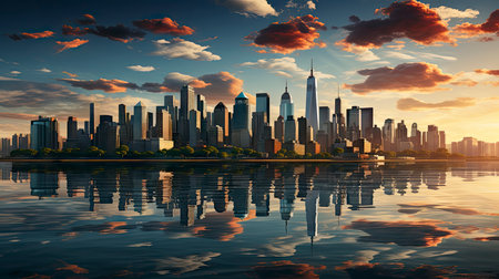 Sunset over city skyline with reflections in water, iconic tower and bridge in viewの素材