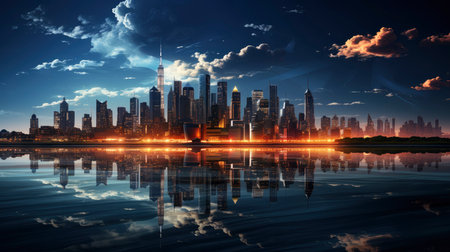Sunset over city skyline with reflections in water, iconic tower and bridge in viewの素材