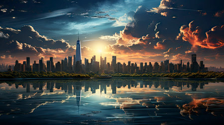 Sunset over city skyline with reflections in water, iconic tower and bridge in viewの素材