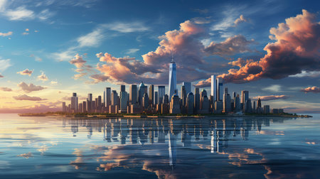 Sunset over city skyline with reflections in water, iconic tower and bridge in viewの素材