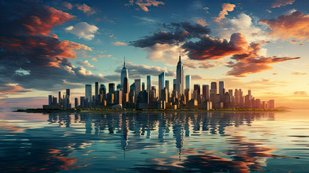Sunset over city skyline with reflections in water, iconic tower and bridge in viewの素材