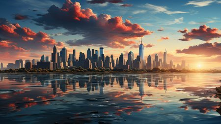Sunset over city skyline with reflections in water, iconic tower and bridge in viewの素材