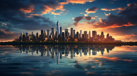 Sunset over city skyline with reflections in water, iconic tower and bridge in viewの素材