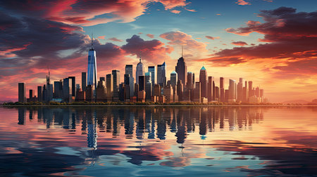 Sunset over city skyline with reflections in water, iconic tower and bridge in viewの素材
