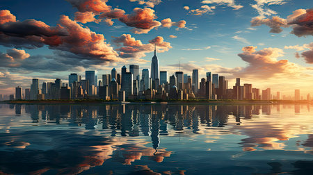 Sunset over city skyline with reflections in water, iconic tower and bridge in viewの素材