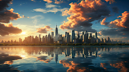 Sunset over city skyline with reflections in water, iconic tower and bridge in viewの素材
