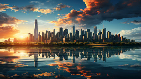 Sunset over city skyline with reflections in water, iconic tower and bridge in viewの素材