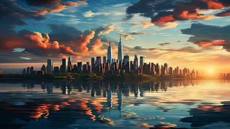 Sunset over city skyline with reflections in water, iconic tower and bridge in viewの素材