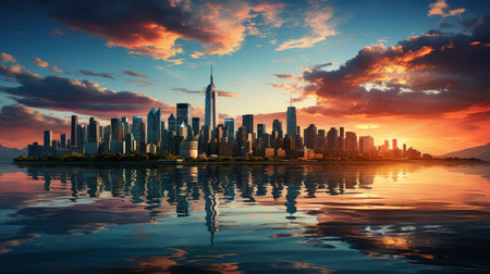Sunset over city skyline with reflections in water, iconic tower and bridge in viewの素材