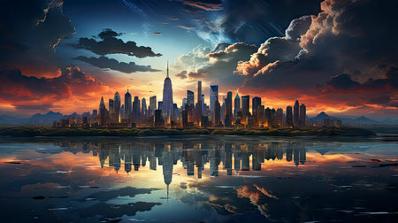 Sunset over city skyline with reflections in water, iconic tower and bridge in viewの素材