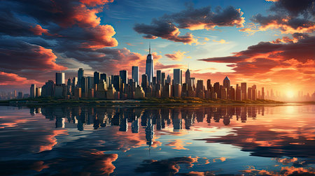 Sunset over city skyline with reflections in water, iconic tower and bridge in viewの素材