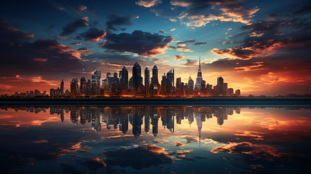 Sunset over city skyline with reflections in water, iconic tower and bridge in viewの素材