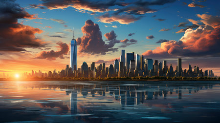Sunset over city skyline with reflections in water, iconic tower and bridge in viewの素材