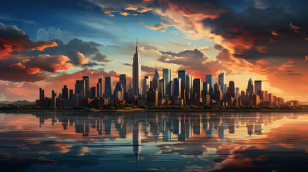 Sunset over city skyline with reflections in water, iconic tower and bridge in viewの素材