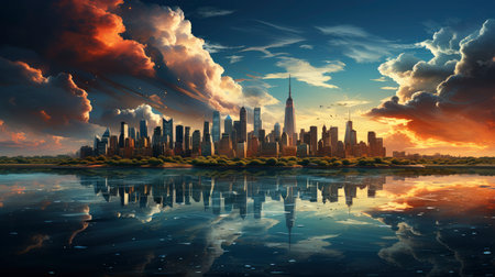 Sunset over city skyline with reflections in water, iconic tower and bridge in viewの素材