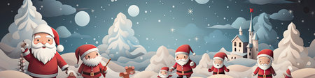 Santa Claus in snowy landscape with geometric mountains. Festive winter scene with Christmas vibesの素材