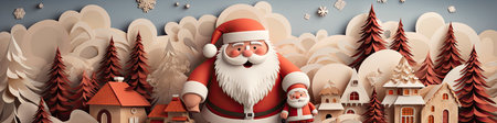 Santa Claus in snowy landscape with geometric mountains. Festive winter scene with Christmas vibesの素材