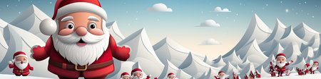 Santa Claus in snowy landscape with geometric mountains. Festive winter scene with Christmas vibesの素材