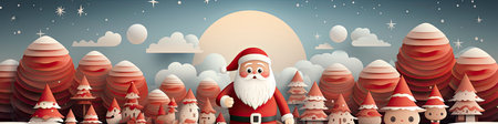 Santa Claus in snowy landscape with geometric mountains. Festive winter scene with Christmas vibesの素材