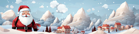 Santa Claus in snowy landscape with geometric mountains. Festive winter scene with Christmas vibesの素材
