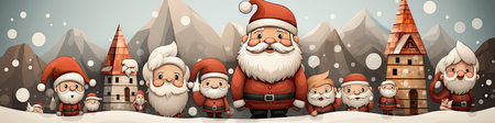 Santa Claus in snowy landscape with geometric mountains. Festive winter scene with Christmas vibesの素材