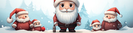 Santa Claus in snowy landscape with geometric mountains. Festive winter scene with Christmas vibesの素材