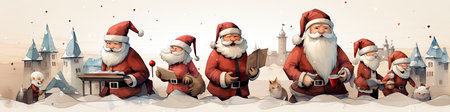 Santa Claus in snowy landscape with geometric mountains. Festive winter scene with Christmas vibesの素材