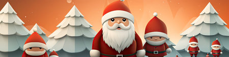 Santa Claus in snowy landscape with geometric mountains. Festive winter scene with Christmas vibesの素材