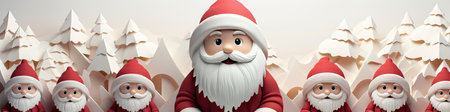 Santa Claus in snowy landscape with geometric mountains. Festive winter scene with Christmas vibesの素材