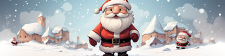 Santa Claus in snowy landscape with geometric mountains. Festive winter scene with Christmas vibesの素材