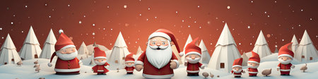 Santa Claus in snowy landscape with geometric mountains. Festive winter scene with Christmas vibesの素材
