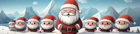 Santa Claus in snowy landscape with geometric mountains. Festive winter scene with Christmas vibesの素材