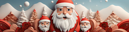 Santa Claus in snowy landscape with geometric mountains. Festive winter scene with Christmas vibesの素材