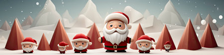 Santa Claus in snowy landscape with geometric mountains. Festive winter scene with Christmas vibesの素材